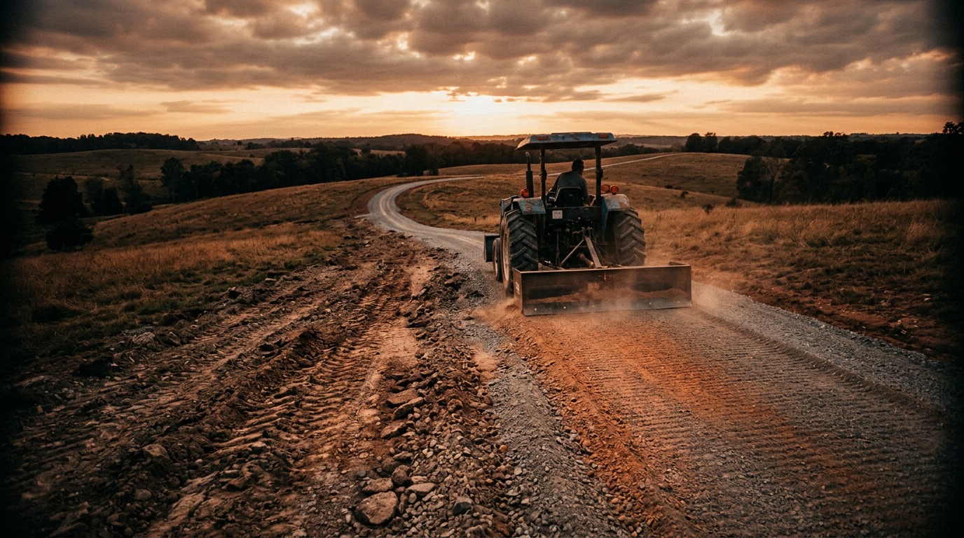 A high-contrast photo of a tractor using a box blade to perfectly level a long, winding gravel driveway, with clear "before and after" textures visible on the ground.