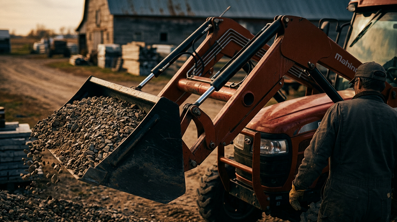 A close-up shot of a Mahindra tractor's heavy-duty front-end loader lifting a large pile of gravel, showcasing mechanical strength and hydraulic power.