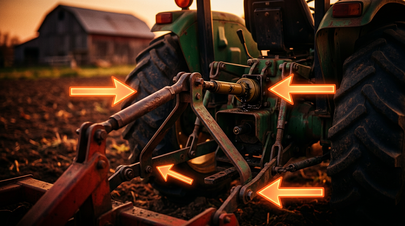 A diagram or high-quality photo showing the rear of a tractor, highlighting the PTO shaft and 3-point hitch assembly with arrows pointing to key components like the lower links and top link.