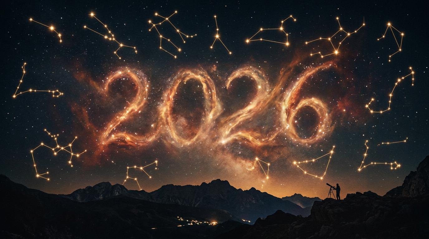 A cinematic, high-resolution horizontal shot of a mystical night sky filled with glowing constellations and a subtle nebula, representing the cosmic energy of 2026.
