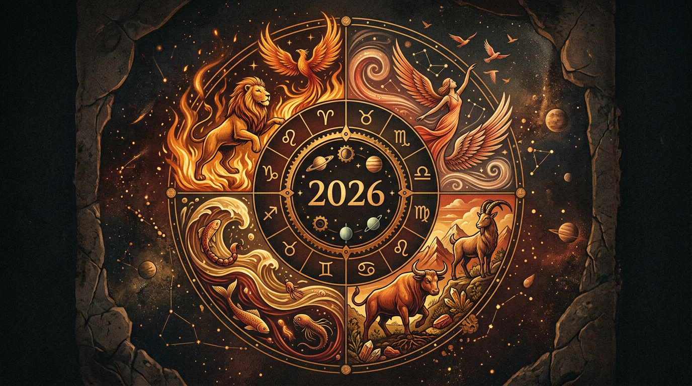 A professional infographic or artistic representation showing the four elements (Fire, Earth, Air, Water) interacting in a harmonious circular design, specifically for 2026 astrology.