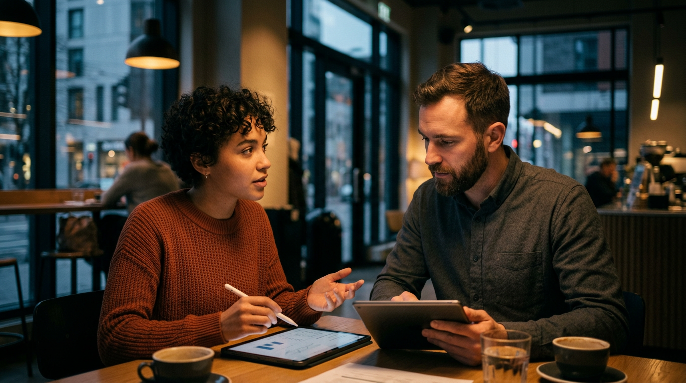 A modern and sleek workspace or cafe setting where two people are deeply engaged in conversation over digital tablets, reflecting the intellectual connection of Air signs in 2026.
