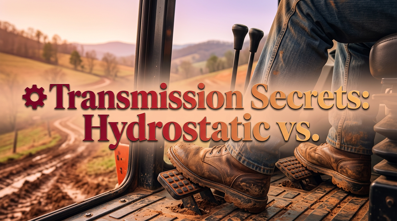 A close-up, cinematic 16:9 view of a tractor operator's boots on a hydrostatic transmission dual-pedal system, with a blurred background showing a steep, muddy Tennessee valley.