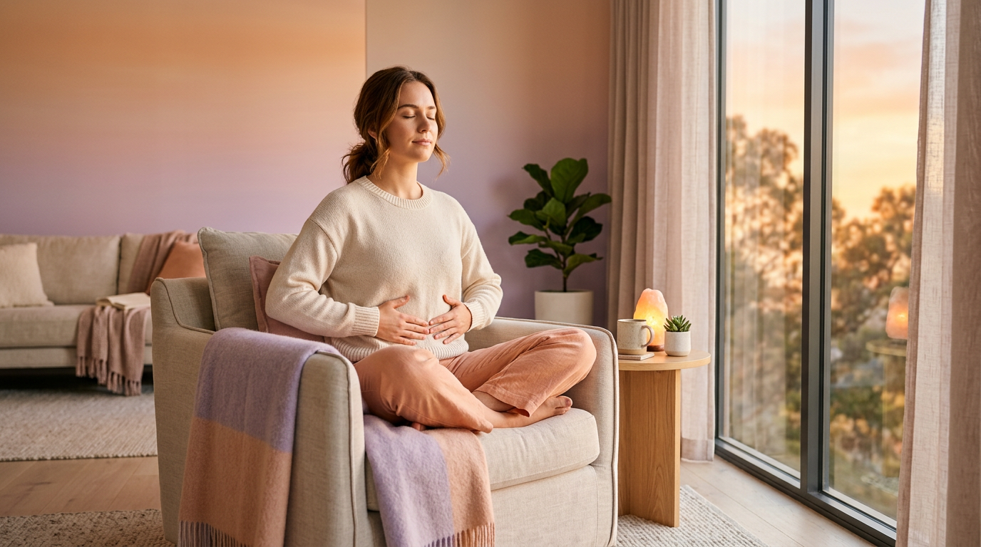 A wide, cinematic shot of a person practicing deep breathing in a modern, serene living room with soft natural light coming from a large window.