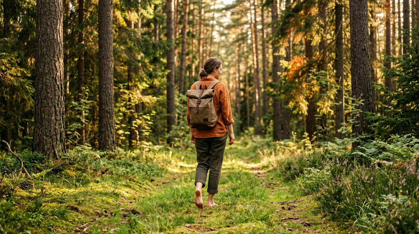 A person walking barefoot on grass in a beautiful dense green forest, carrying a backpack, sunlight filtering through tall pine trees, high dynamic range cinematic shot