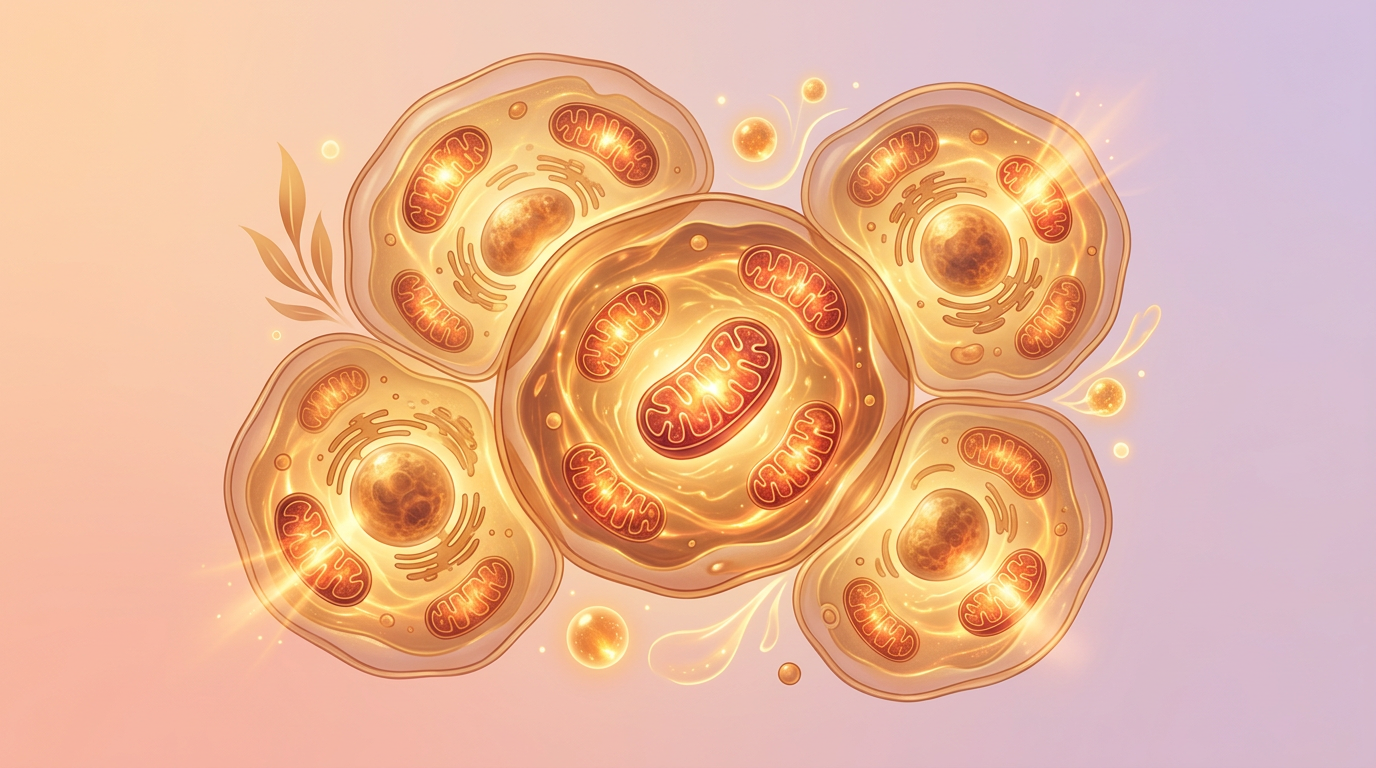 A creative, conceptual illustration of human cells glowing with vibrant blue and gold energy, highlighting active mitochondria producing light, symbolizing vitality and health