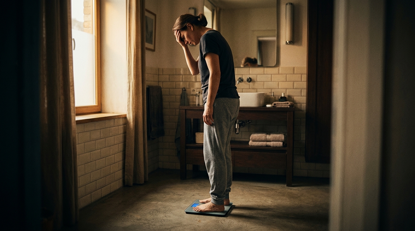 A wide, cinematic shot of a frustrated person standing on a scale in a bright, modern bathroom, looking down at their feet in disappointment, warm morning light filtering through a window
