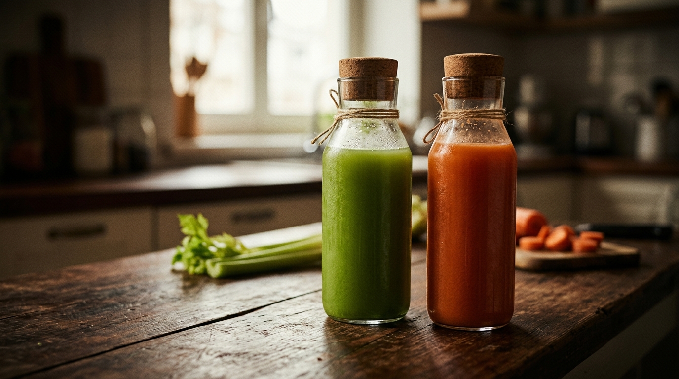 A cinematic, high-end close-up of colorful detox juices in glass bottles on a wooden kitchen counter, vibrant green celery juice and orange carrot juice, soft natural light, minimalist and clean aesthetic