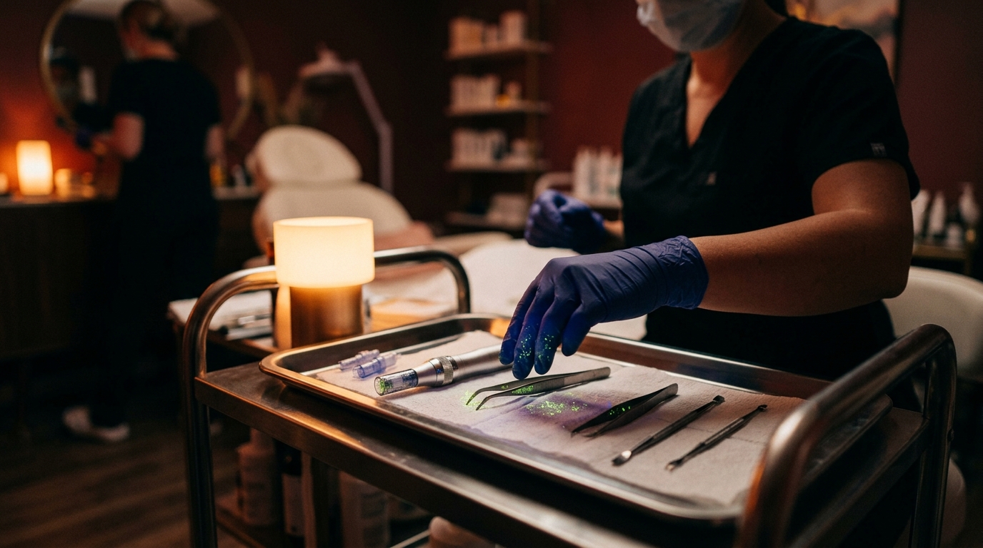 A professional beauty salon setup with sterile tools but with a subtle representation of microscopic bacteria glowing under UV light on the metal instruments, clinical atmosphere