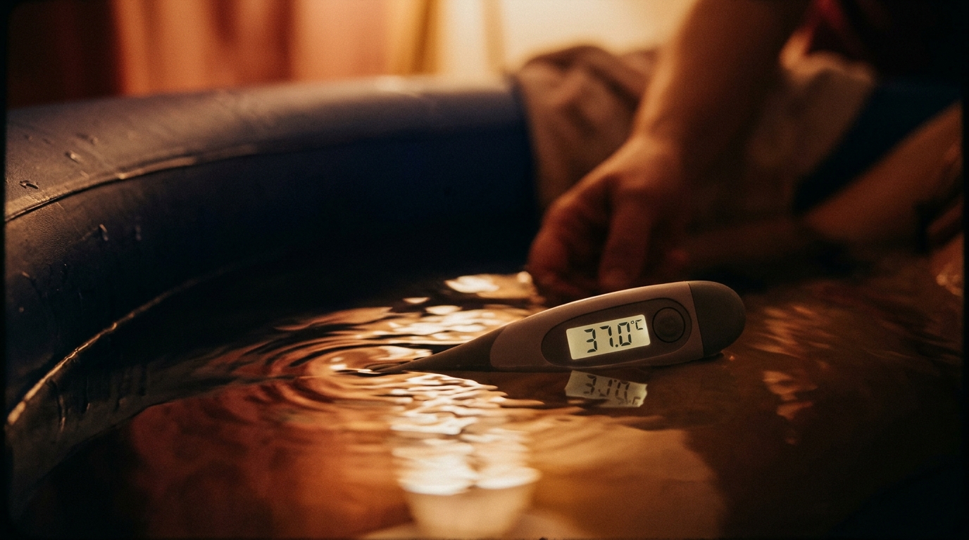 A close-up of a specialized water birth thermometer showing the water temperature at exactly 37 degrees Celsius, highlighting precision and medical safety