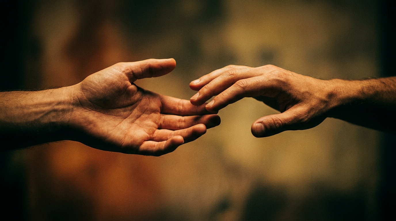 A close-up dramatic shot of hands trying to touch but pulling away, depicting fear of intimacy, warm but tense color grading.
