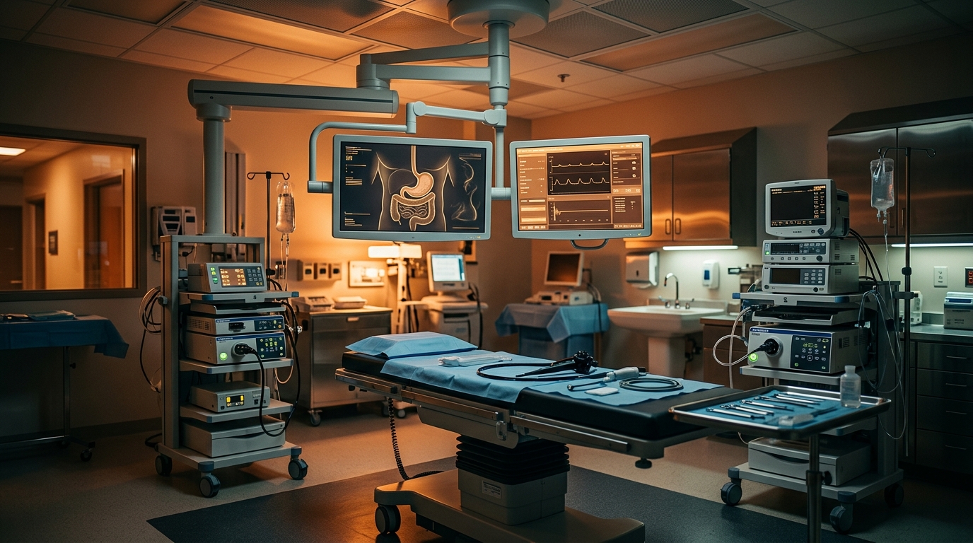 A clean, state-of-the-art medical endoscopy room with advanced monitoring screens showing abstract digestive tract diagrams, empty and ready for a procedure.