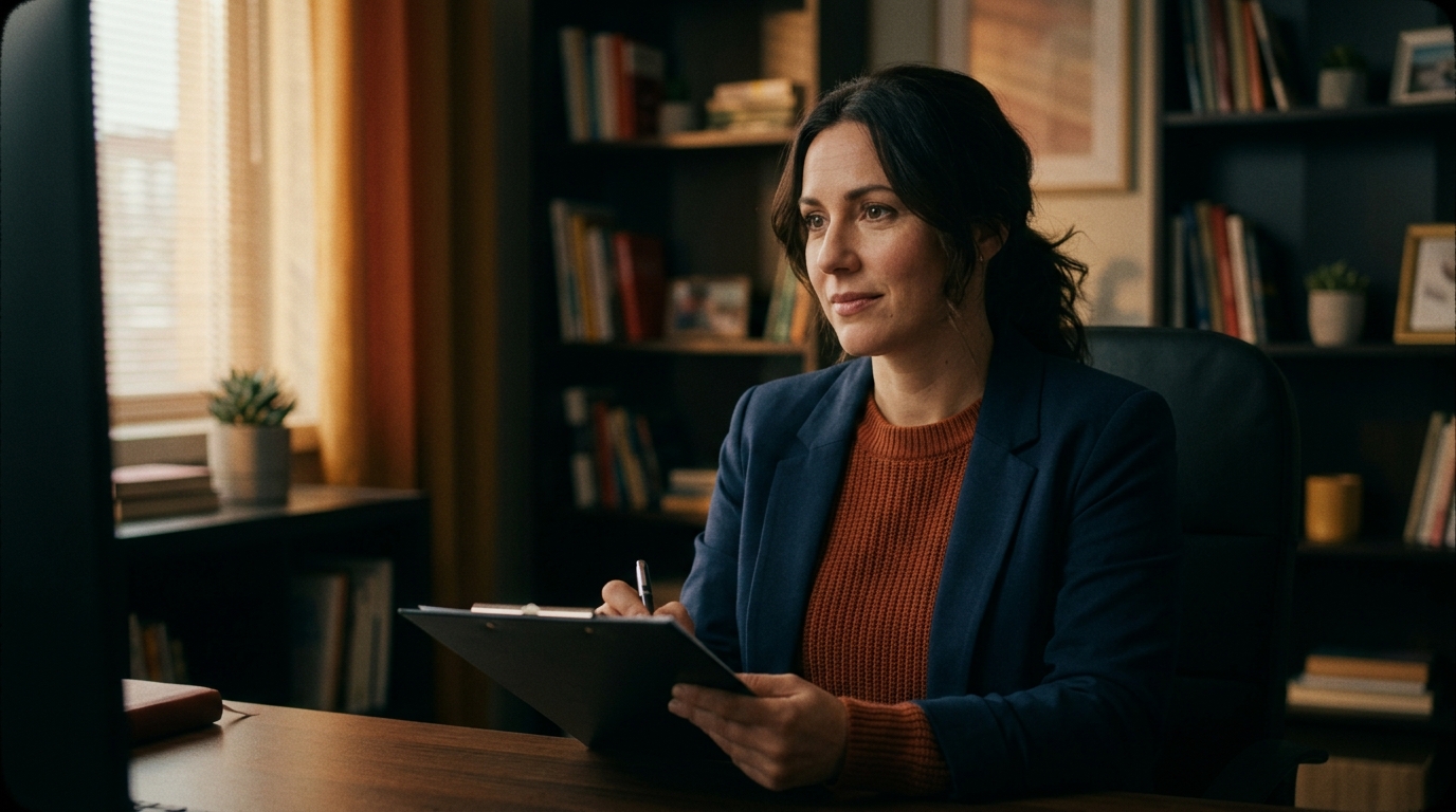 A professional psychologist sitting in a modern office, taking notes on a clipboard while looking empathetically towards the screen, representing mental health support and counseling, soft warm lighting