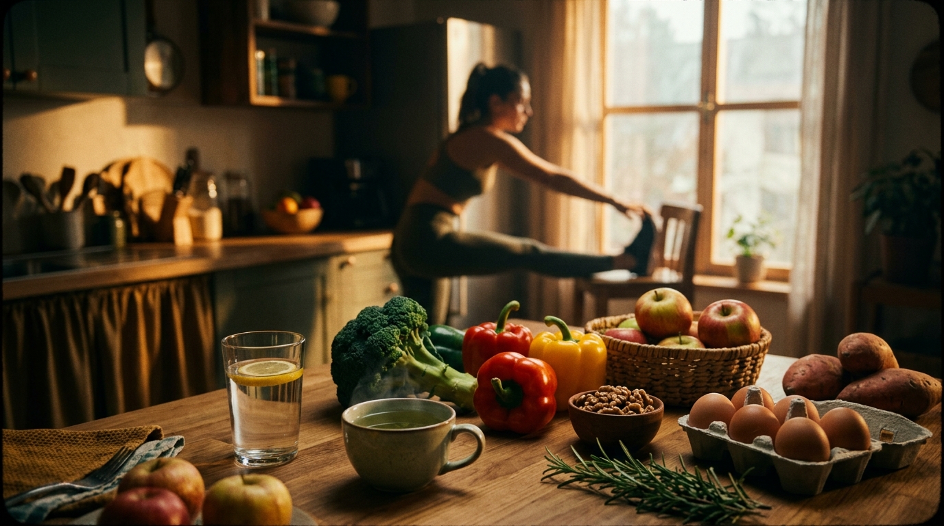 A wide, cinematic shot of a vibrant kitchen counter with fresh colorful vegetables, a glass of water, green tea, and a person stretch-preparing for a workout in the background, bright morning sunlight filtering through the window