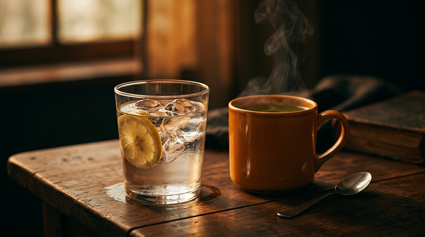 A close-up, crisp shot of a clear glass of water with ice cubes and a lemon slice, placed next to a steaming cup of green tea on a minimalist wooden table, soft natural lighting