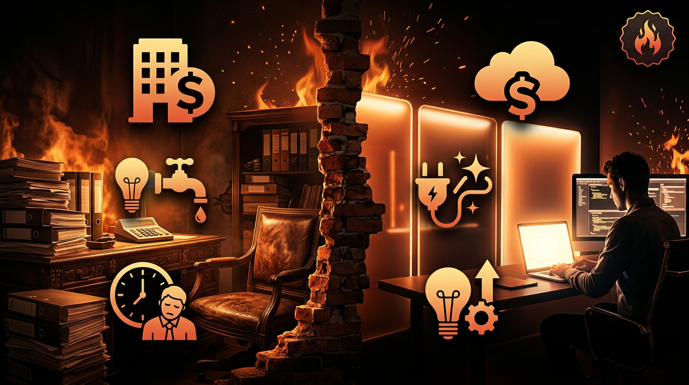 An analytical infographic or professional chart showing the cost-benefit analysis of virtual offices versus traditional offices, incorporating icons for rent, utilities, and productivity.