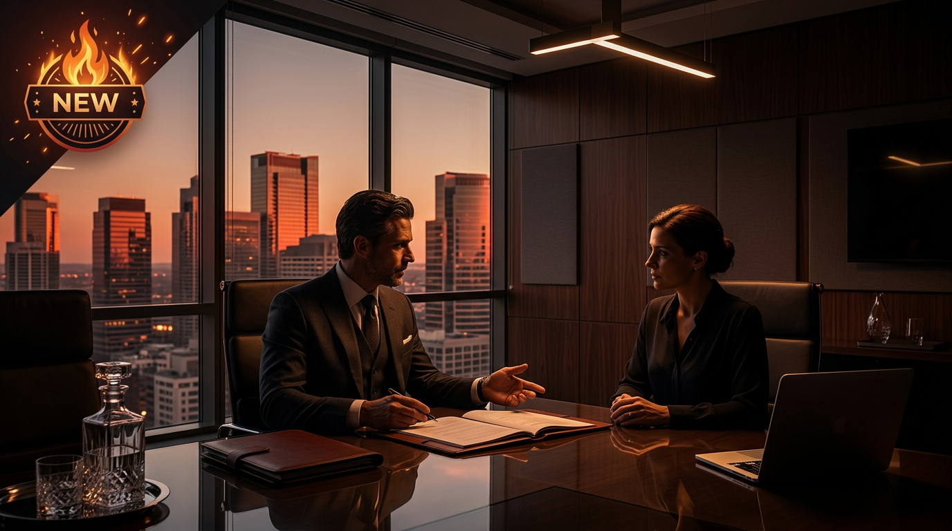 A professional meeting room inside a high-end virtual office provider, showing a modern interior with a view of a city skyline, representing the 'physical' aspect of virtual services.