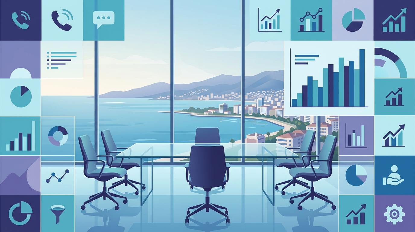 A high-end meeting room setup with a minimalist glass table, ergonomic chairs, and a stunning view of the Izmir coastline through large windows, radiating success and tranquility.