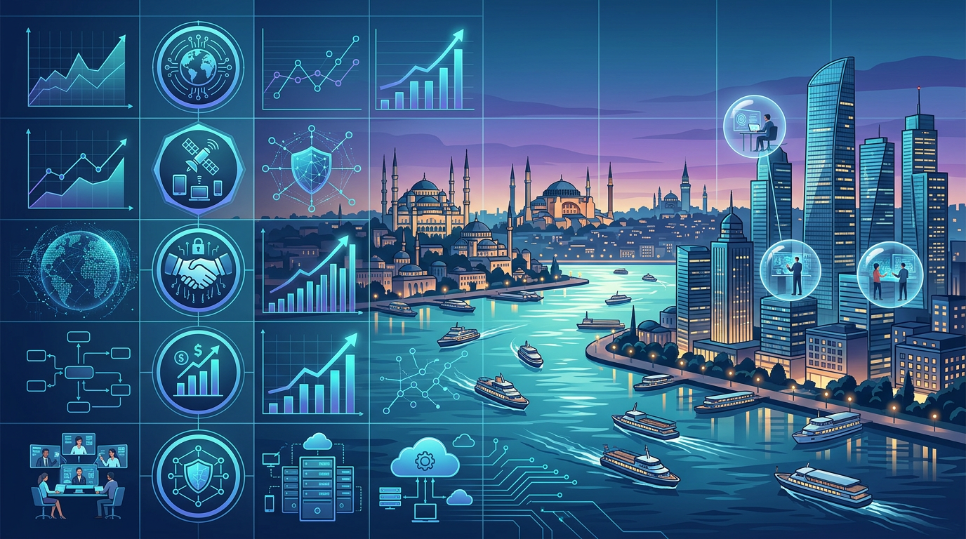 Wide, cinematic shot of modern Istanbul skyline at dusk, blending historical mosques with sleek glass skyscrapers, warm golden lighting reflecting on the Bosphorus