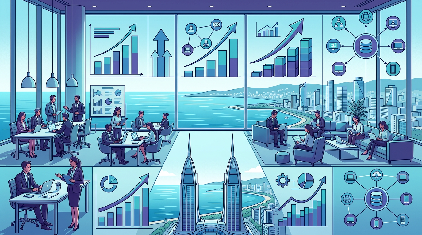 Wide, cinematic interior view of a high-end luxury business lounge in Izmir Folkart Towers, floor-to-ceiling windows overlooking the Aegean Sea, professionals collaborating on laptops