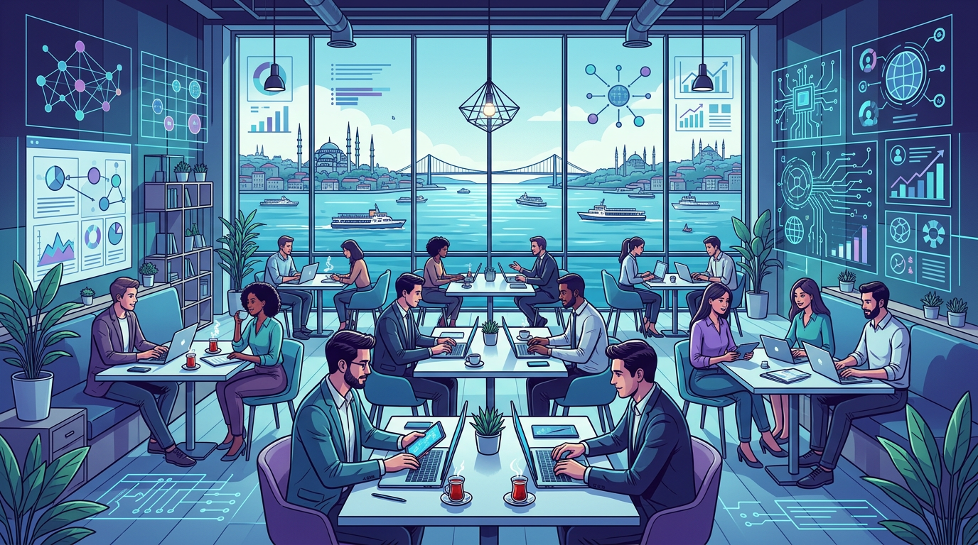 A cinematic, wide 16:9 shot of a bustling, ultra-modern coworking lounge in Istanbul with a panoramic view of the Bosphorus, where young professionals in smart-casual attire collaborate enthusiastically over laptops and steaming cups of Turkish tea.
