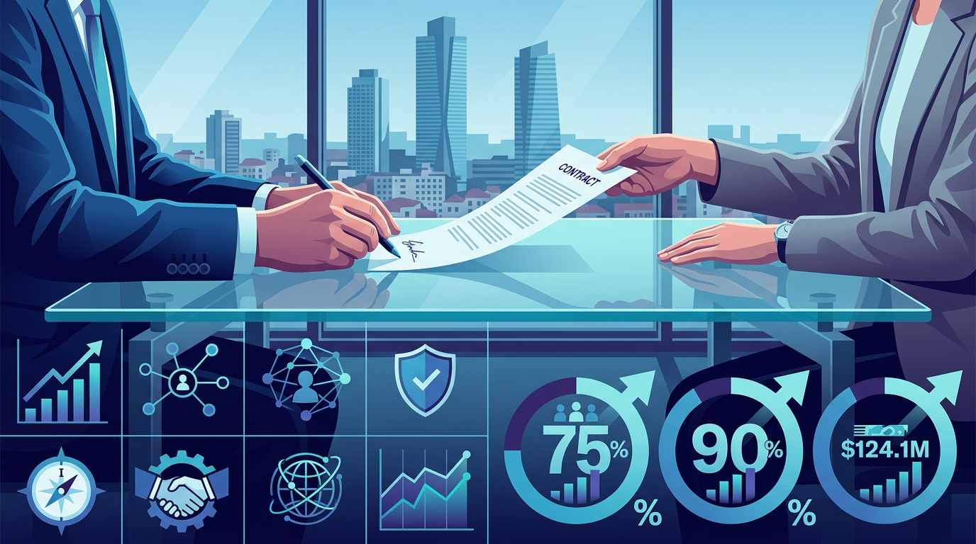 A close-up, highly detailed 16:9 view of hands exchanging a signed business contract across a sleek glass table, with the out-of-focus background showing the towering skyscrapers of Istanbul's Levent district through a floor-to-ceiling window.