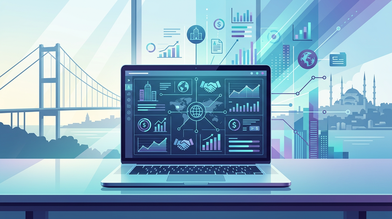 A wide, cinematic shot of a modern, sleek virtual office dashboard on a laptop screen, with the Bosphorus bridge visible through a bright, sunlit window in the background, representing Istanbul business environment.