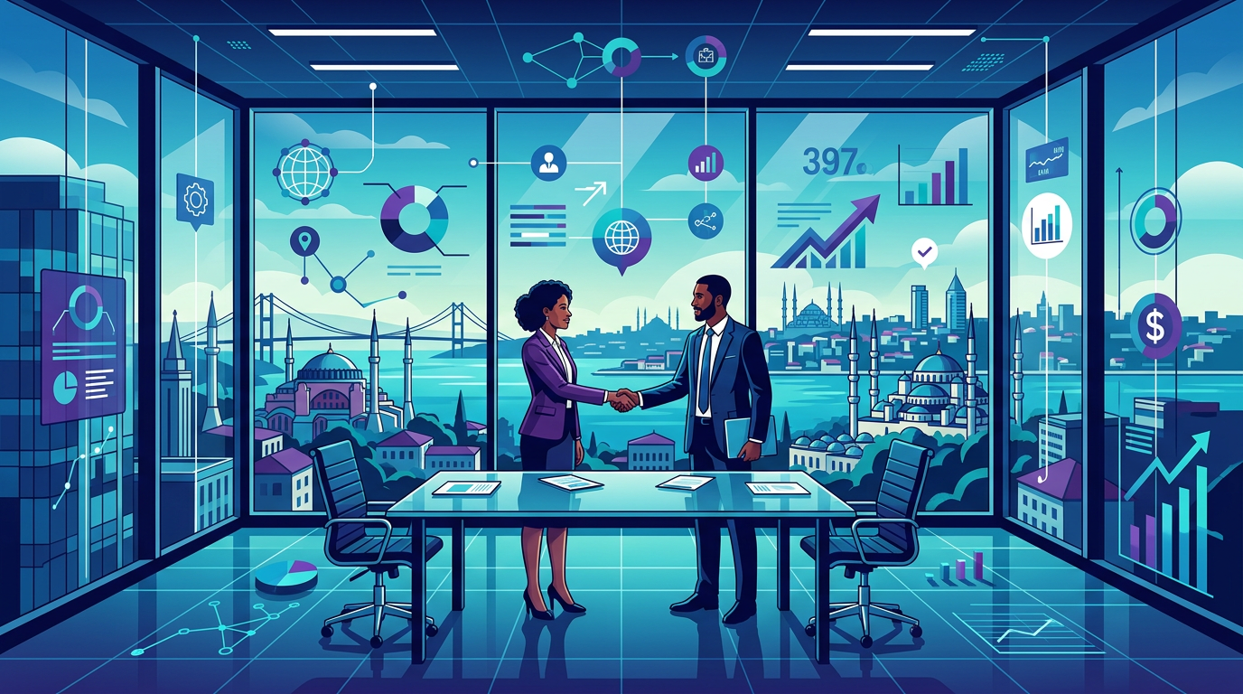 A highly professional, modern glass-walled meeting room in an Istanbul skyscraper, showing business professionals shaking hands, with a clear view of the city skyline outside. Cinematic and wide 16:9 aspect ratio.